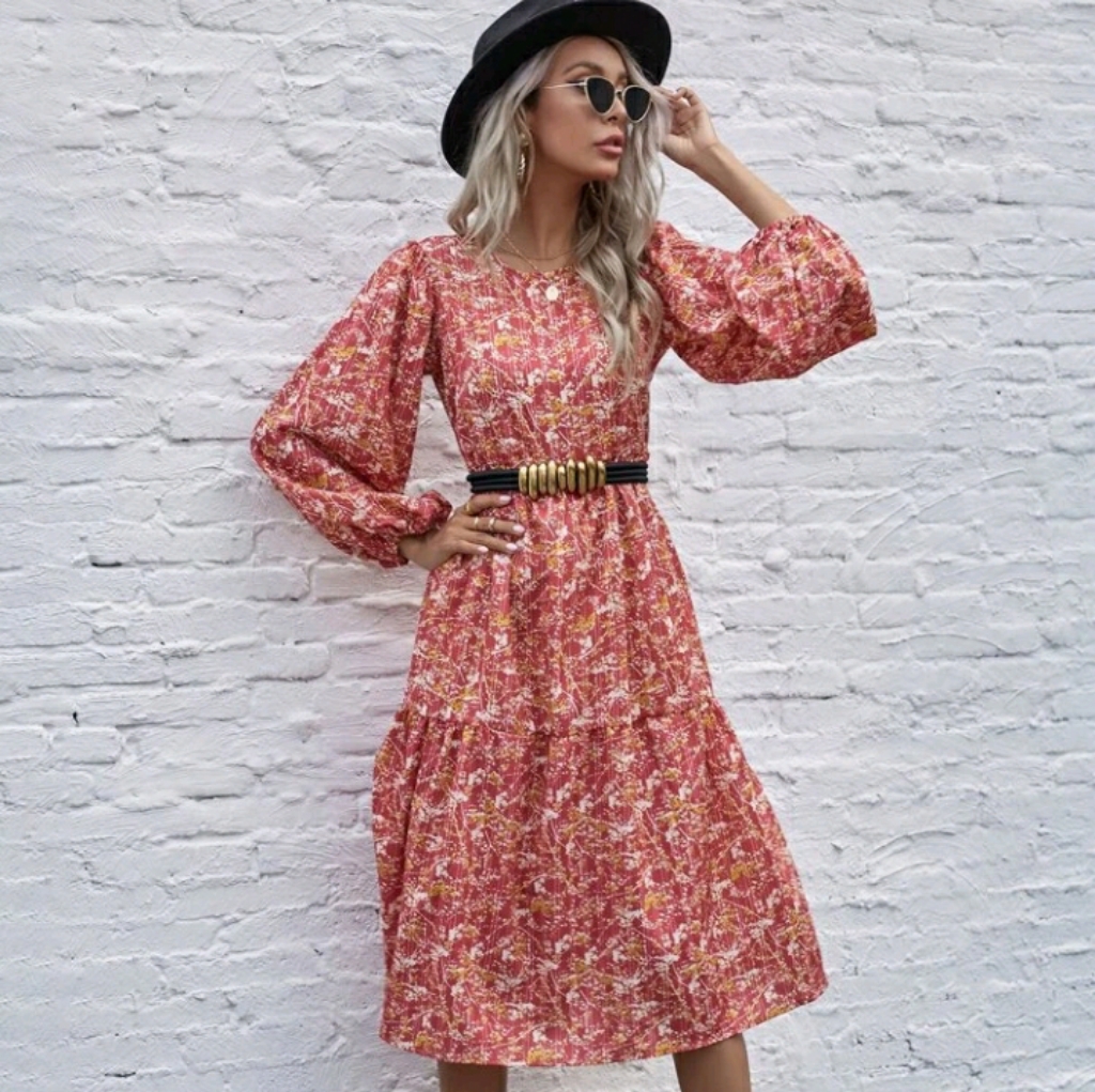 New Floral Print Lantern Sleeve Dress